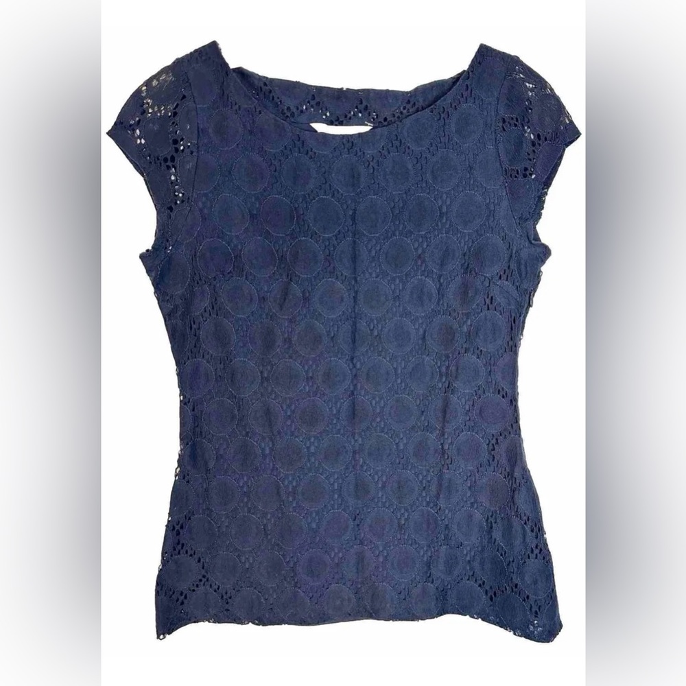 Banana Republic Navy Blue Sheer Lined Side Zipped Short‎ Sleeve Women’s Blouse 2